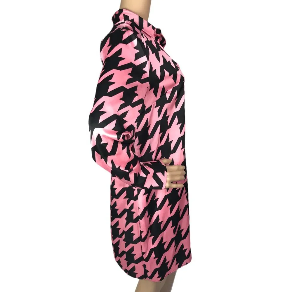 River Island Ladies Mini Dogtooth Check Swing Dress Size 10  Pink Long Sleeve - Picture 4 of 8